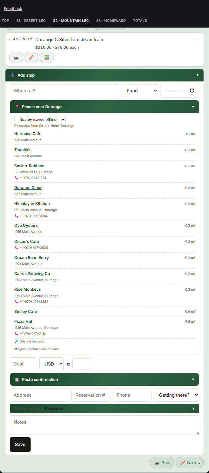 The Add-stop drawer with Food selected: the nearby dining list with a Within-10-mi picker, paging, paste-from-confirmation drawer, and the Who's-this-for chips