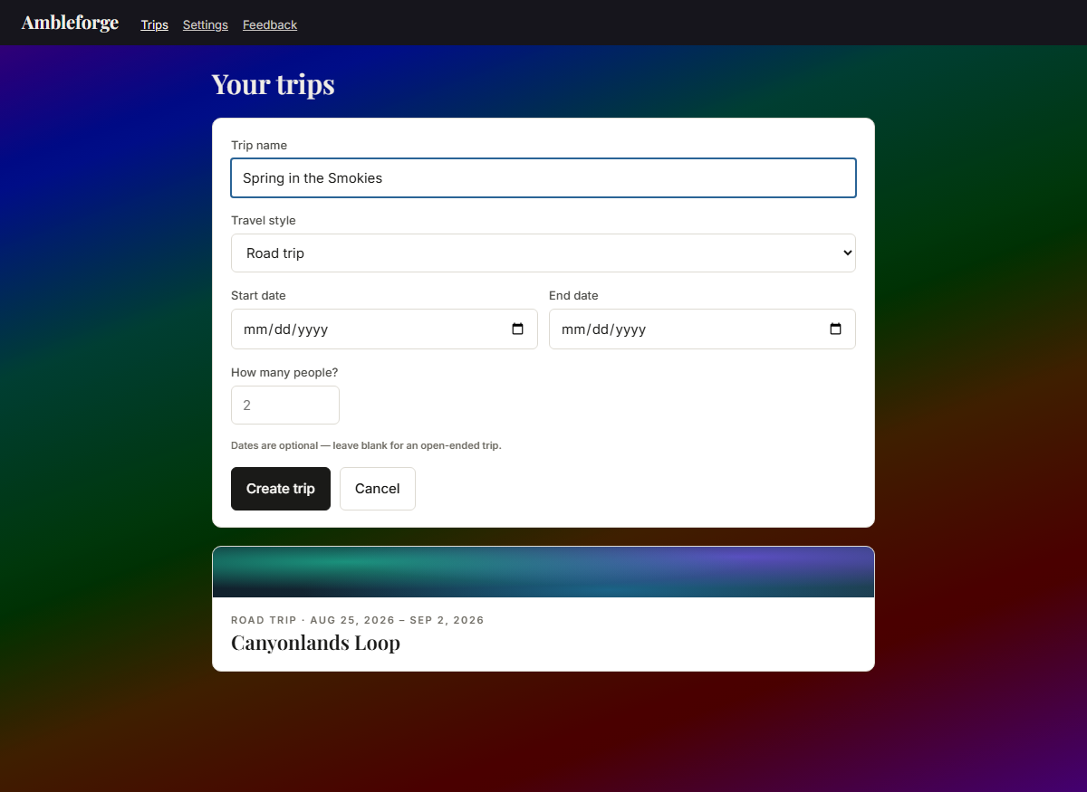 The new-trip form: a name is the only required field; style, dates, and party size are optional