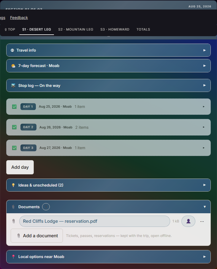 A completed section: check-marked header, past days collapsed into dimmed summary rows