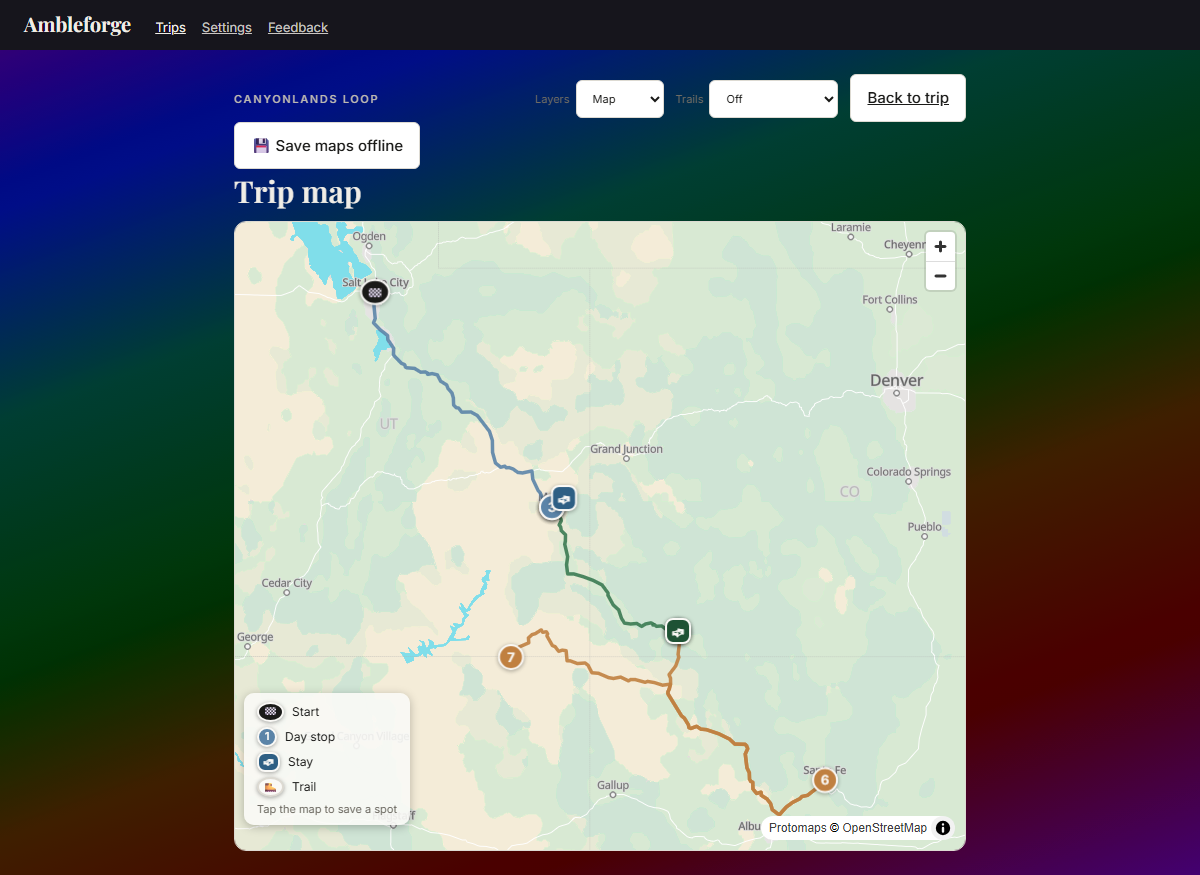 The trip map: numbered day pins with the driven route following the real highways between them, each leg colored to match its section — blue to Moab, green to Durango, amber home through Santa Fe