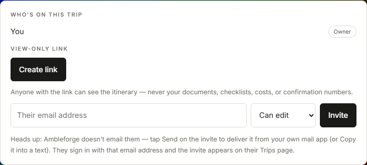 The share panel: the view-only link with Copy, New link and Turn off, the off-by-default Also-share-the-Story switch, and the email invite form with a role picker