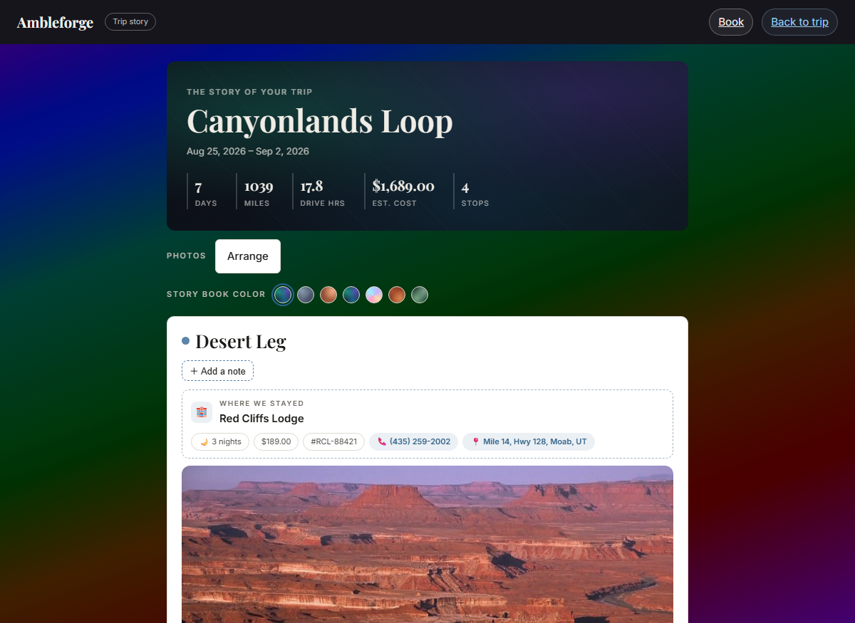 The Story's cover page: trip title over the trip's cover colors, with live stats — 7 days, 1039 miles, 17.8 drive hours, estimated cost, 4 stops — a Story book color picker, and the first leg opening on a photo from the trip